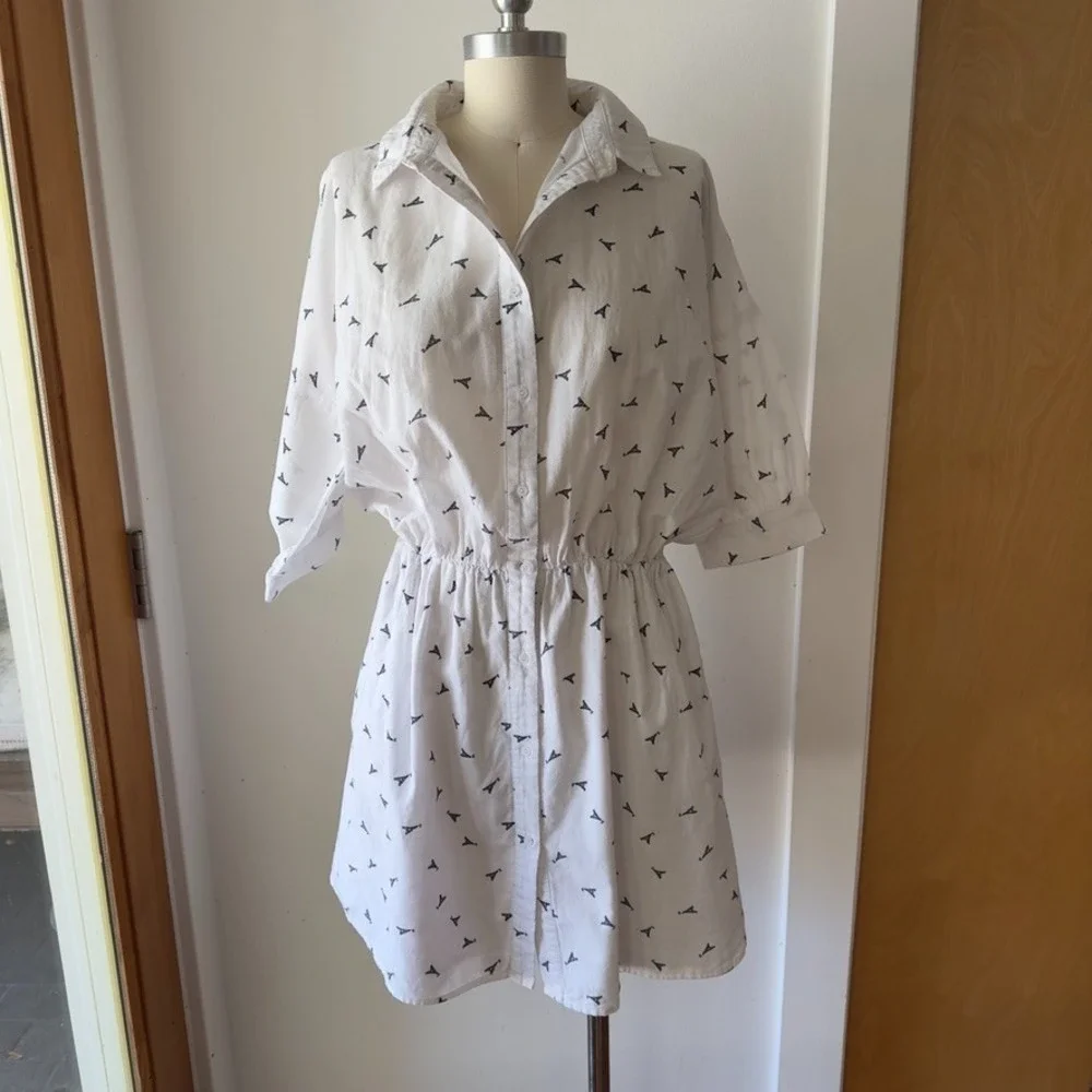 ELLISON Linen Blend Eiffel Tower Print Button Up Shirt Dress-White Knee Length-S